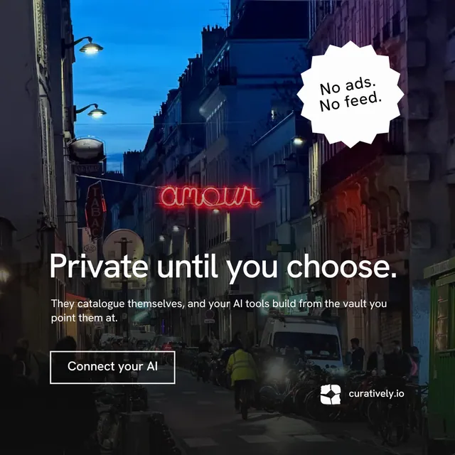 Instagram post for Curatively: "Private until you choose." Editorial style, sticker layout, dark palette in black, blue, grey.