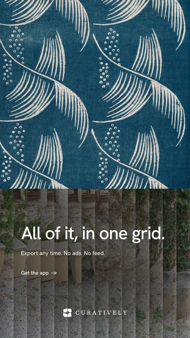 Instagram story for Curatively: "All of it, in one grid." Minimal luxury style, bottom layout, dark palette in blue, grey, black.