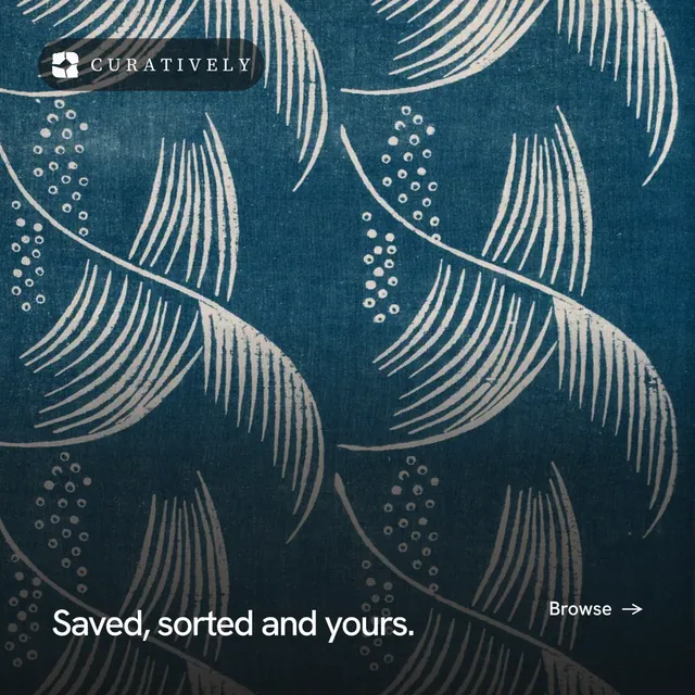 Instagram post for Curatively: "Saved, sorted and yours." Swiss style, image led layout, dark palette in blue, grey.