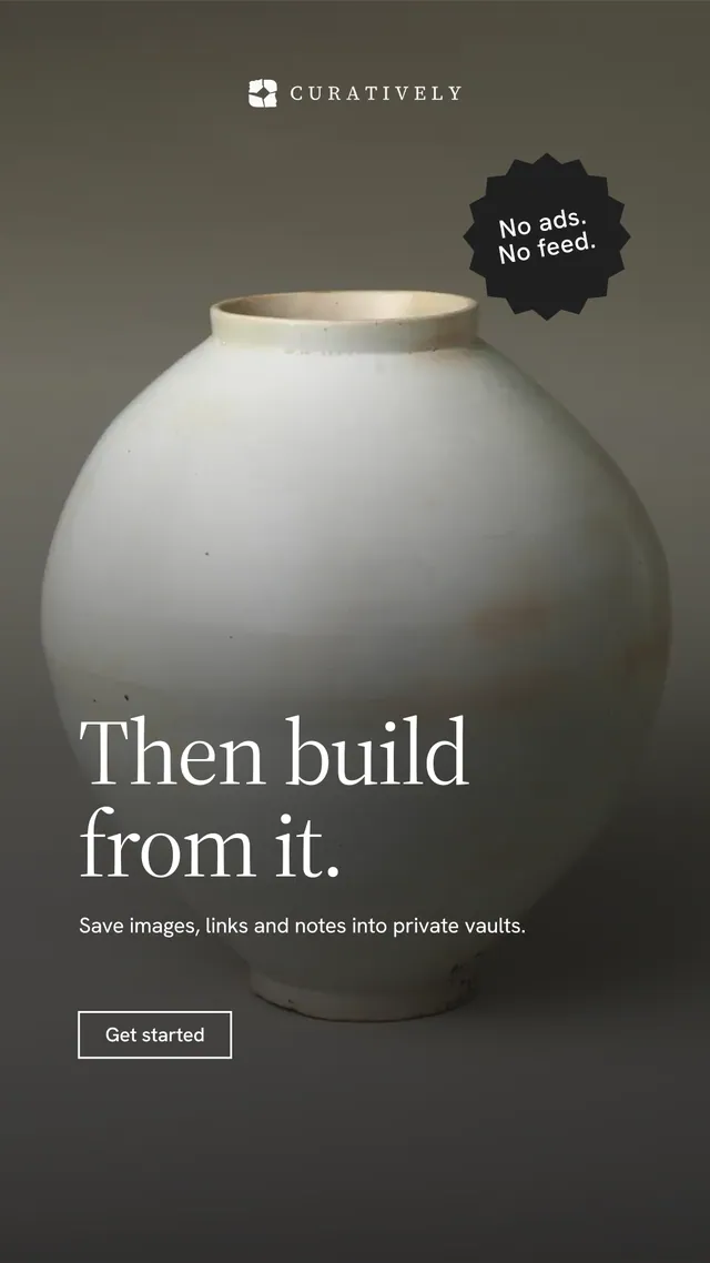 Instagram story for Curatively: "Then build from it." Editorial style, sticker layout, dark palette in grey, black.