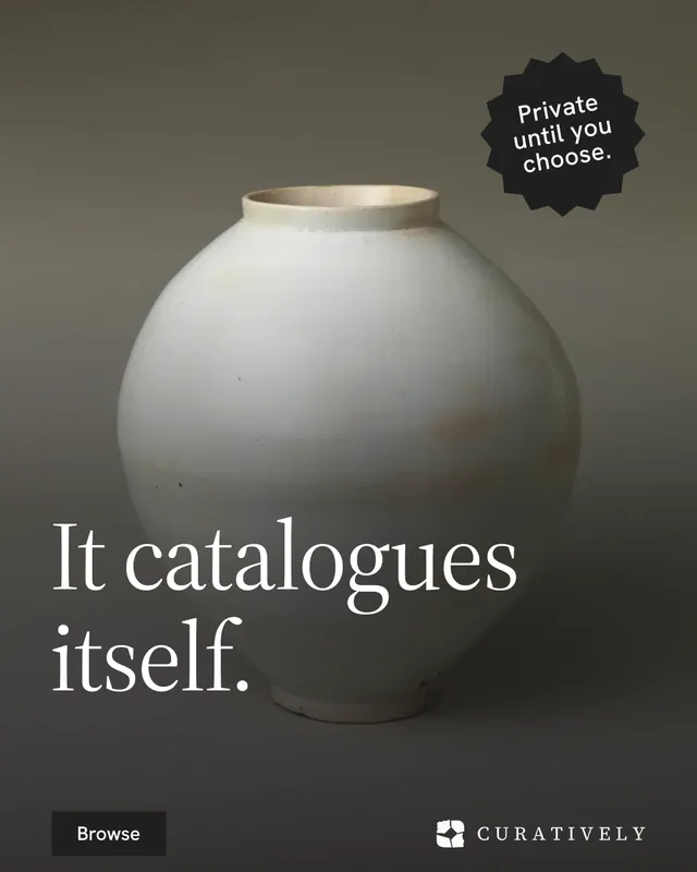 Instagram portrait post for Curatively: "It catalogues itself." Split block style, sticker layout, dark palette in grey, black.