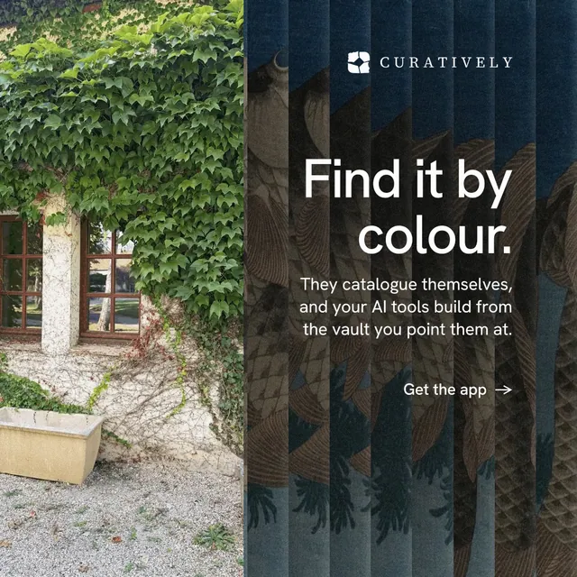 Instagram post for Curatively: "Find it by colour." Minimal luxury style, right layout, dark palette in black, grey.