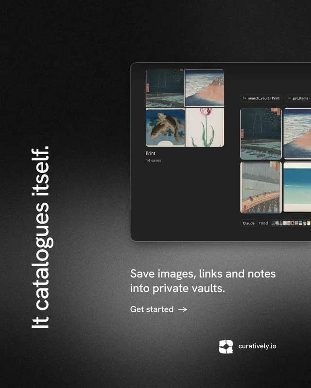 Instagram portrait post for Curatively: "It catalogues itself." Minimal luxury style, vertical layout, dark palette in black, grey.