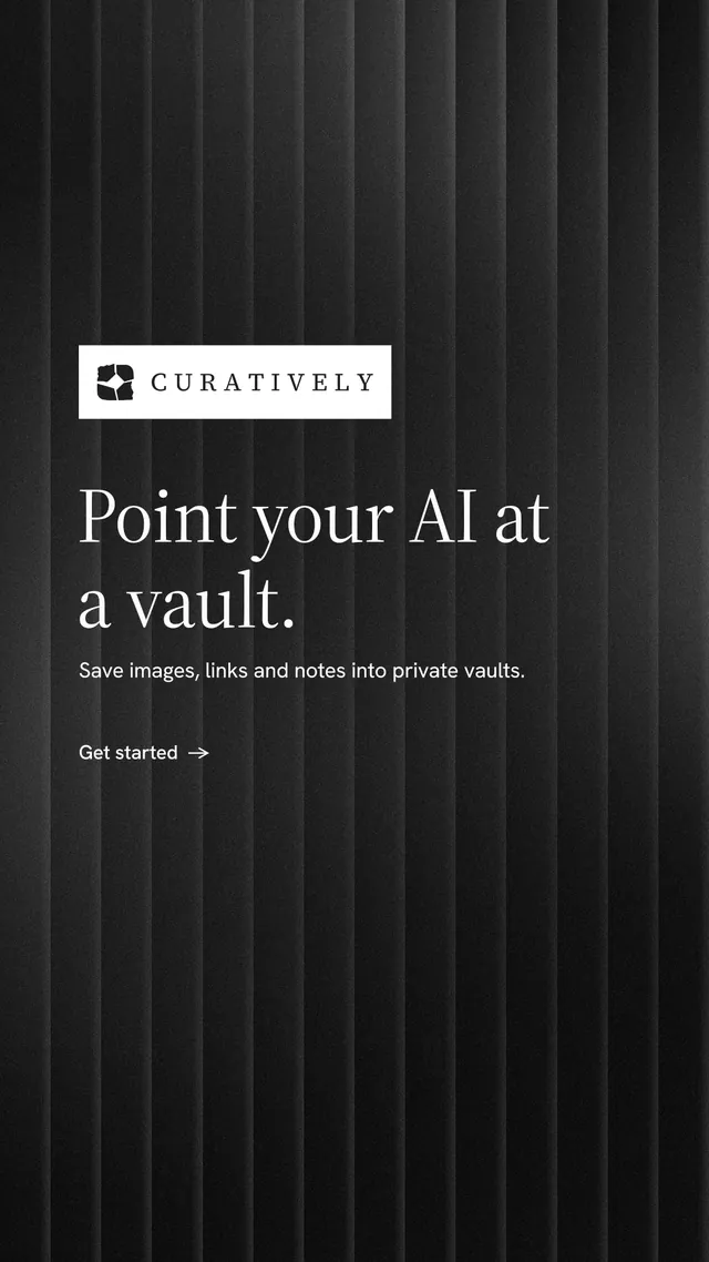 Instagram story for Curatively: "Point your AI at a vault." Minimal luxury style, announce layout, dark palette in black, grey.