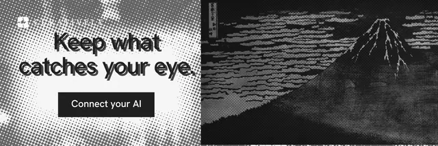 X header for Curatively: "Keep what catches your eye." Retro print style, skeleton layout, dark palette in black, grey, white.
