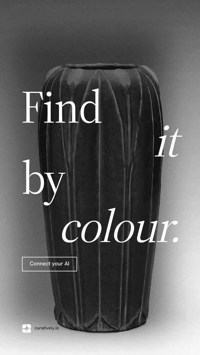 Instagram story for Curatively: "Find it by colour." Editorial style, stacked layout, dark palette in black, grey, white.