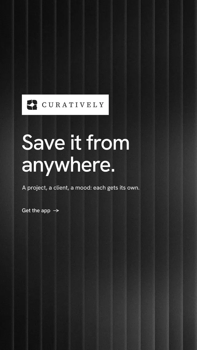 Instagram story for Curatively: "Save it from anywhere." Minimal luxury style, announce layout, dark palette in black, grey.