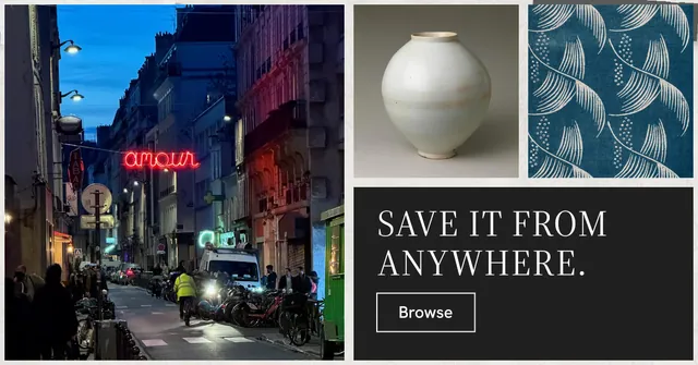 Social ad for Curatively: "Save it from anywhere." Editorial style, collage layout, dark palette in grey, black.