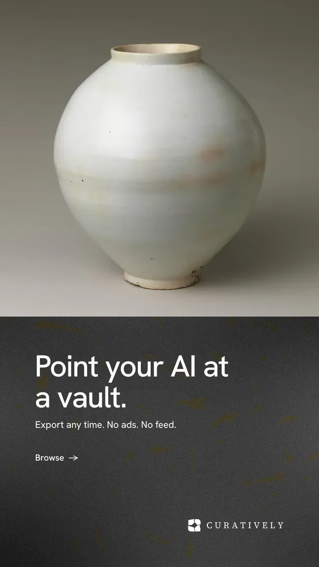 Instagram story for Curatively: "Point your AI at a vault." Minimal luxury style, bottom layout, dark palette in grey, black.