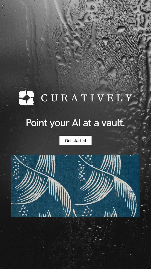 Instagram story for Curatively: "Point your AI at a vault." Swiss style, logo hero layout, dark palette in black, grey.