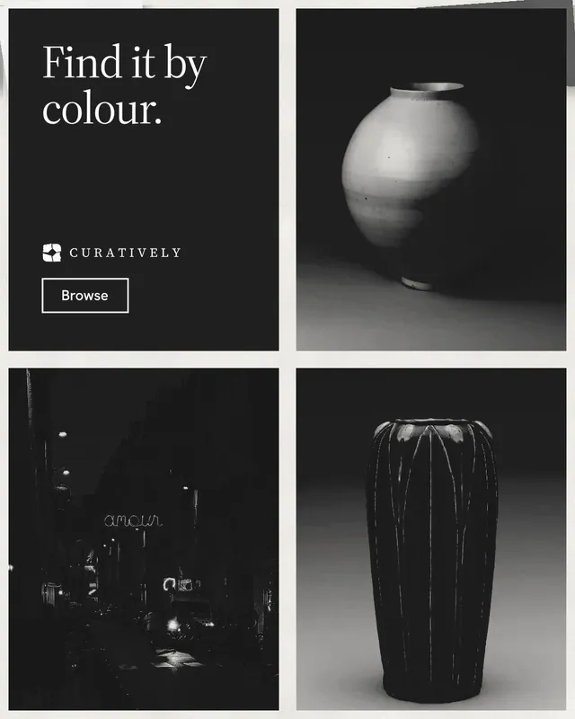 Instagram portrait post for Curatively: "Find it by colour." Editorial style, collage layout, dark palette in black, grey.