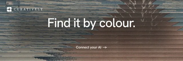X header for Curatively: "Find it by colour." Minimal luxury style, centred layout, dark palette in grey.