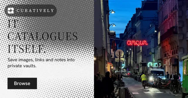 Social ad for Curatively: "It catalogues itself." Split block style, bottom layout, dark palette in white, grey, blue.