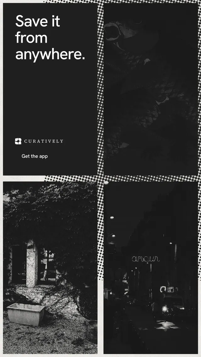 Instagram story for Curatively: "Save it from anywhere." Retro print style, collage layout, dark palette in black, grey.
