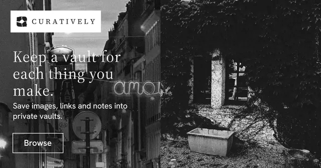 Social ad for Curatively: "Keep a vault for each thing you make." Editorial style, bottom layout, dark palette in black, grey.