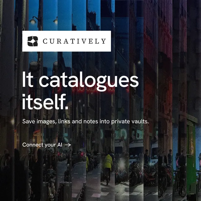 Instagram post for Curatively: "It catalogues itself." Minimal luxury style, announce layout, dark palette in black, grey.