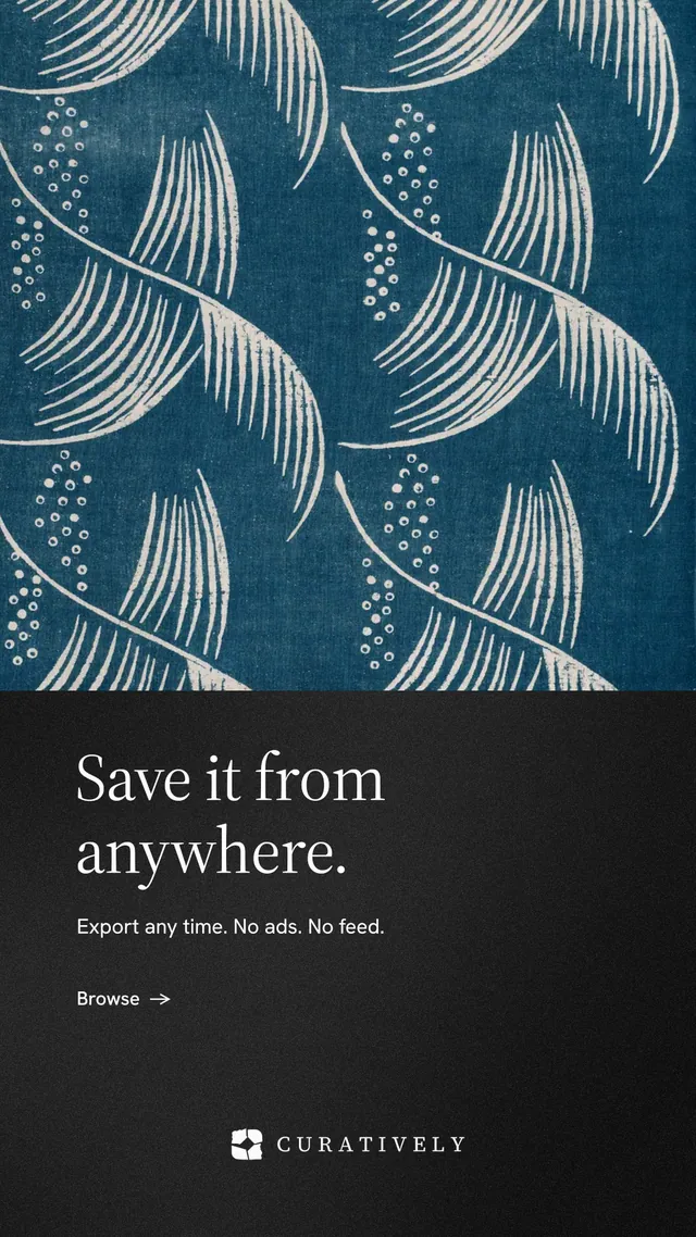 Instagram story for Curatively: "Save it from anywhere." Minimal luxury style, bottom layout, dark palette in black, blue, grey.