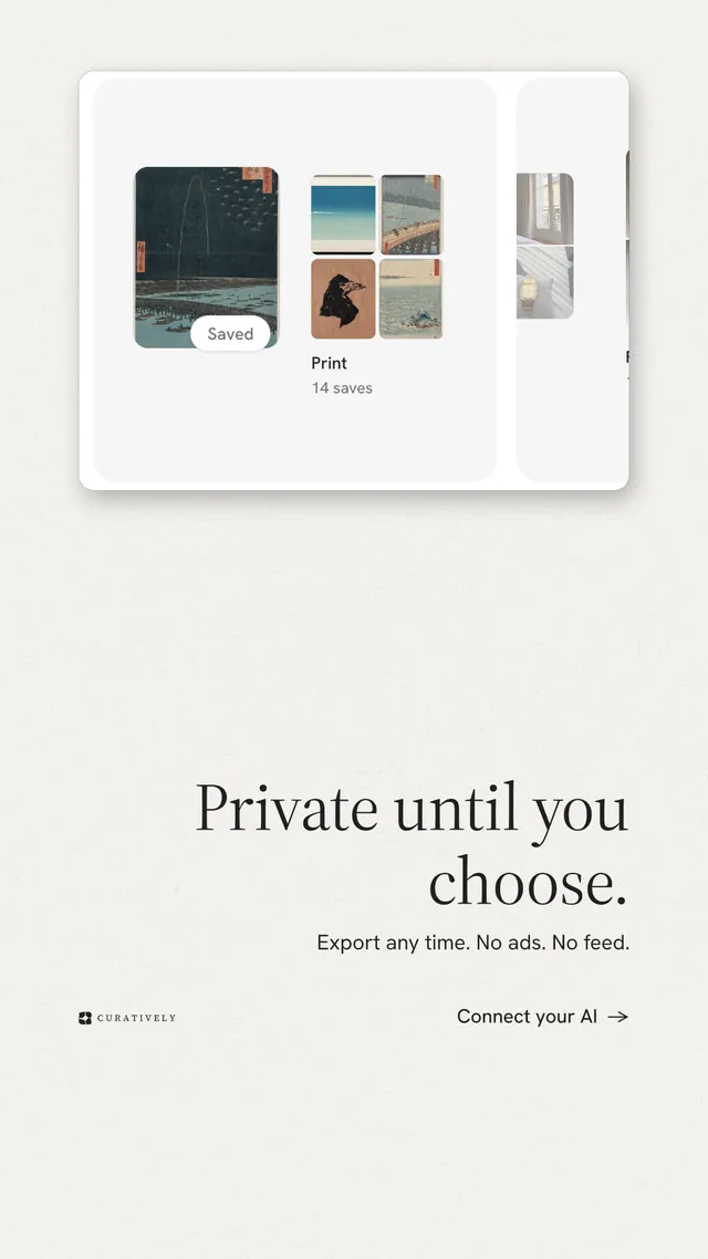 Instagram story for Curatively: "Private until you choose." Minimal luxury style, right layout, light palette in white.