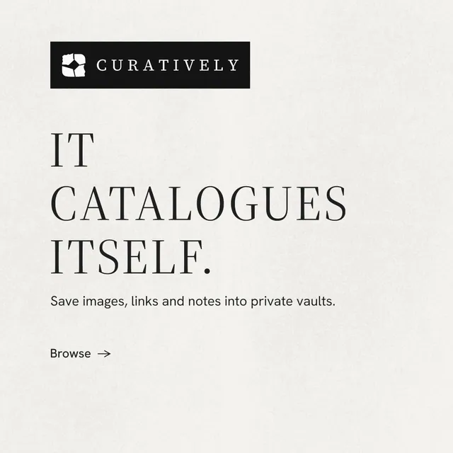Instagram post for Curatively: "It catalogues itself." Minimal luxury style, announce layout, light palette in white, grey.