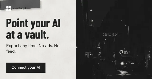 Social ad for Curatively: "Point your AI at a vault." Retro print style, bottom layout, light palette in white, black, grey.