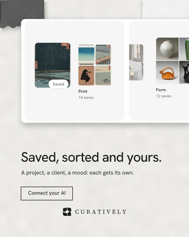 Instagram portrait post for Curatively: "Saved, sorted and yours." Editorial style, bottom layout, light palette in white, grey.