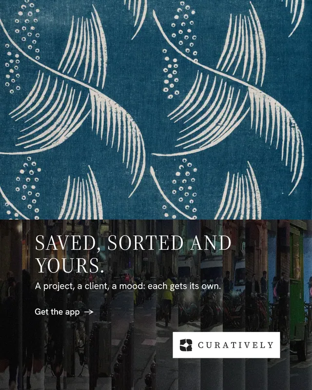 Instagram portrait post for Curatively: "Saved, sorted and yours." Minimal luxury style, bottom layout, dark palette in black, blue, grey.