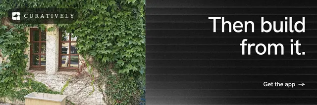 X header for Curatively: "Then build from it." Minimal luxury style, right layout, dark palette in black, grey.