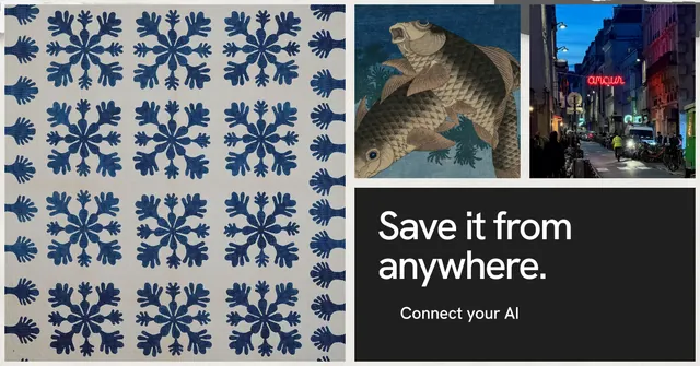 Social ad for Curatively: "Save it from anywhere." Swiss style, collage layout, dark palette in black, grey, blue.