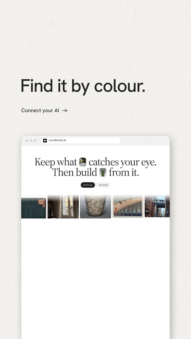 Instagram story for Curatively: "Find it by colour." Minimal luxury style, browser layout, light palette in white, grey.