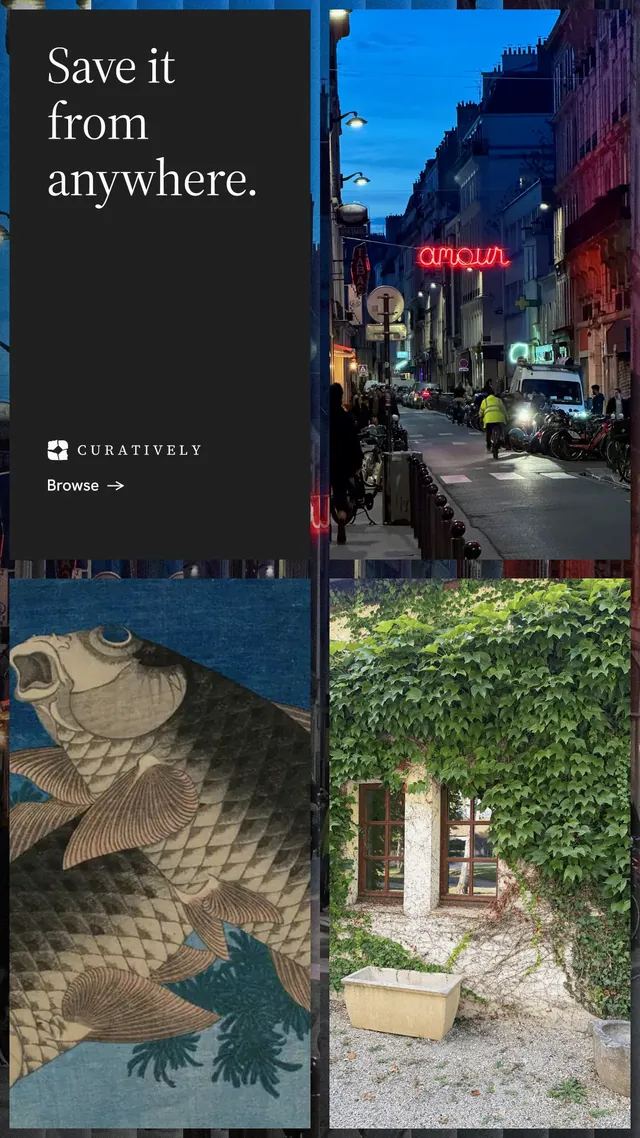 Instagram story for Curatively: "Save it from anywhere." Minimal luxury style, collage layout, dark palette in black, grey, blue.