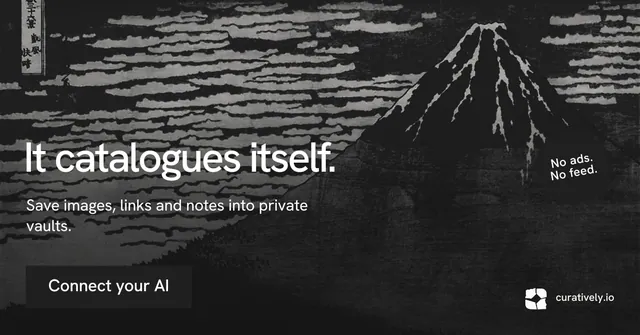 Social ad for Curatively: "It catalogues itself." Swiss style, sticker layout, dark palette in black, grey.