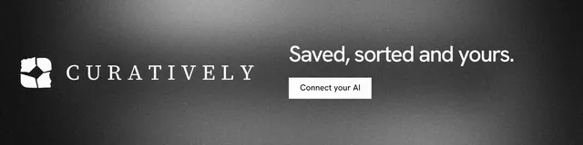 LinkedIn banner for Curatively: "Saved, sorted and yours." Swiss style, logo hero layout, dark palette in grey, black.