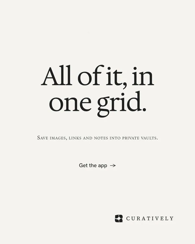 Instagram portrait post for Curatively: "All of it, in one grid." Editorial style, smallcaps layout, light palette in white.
