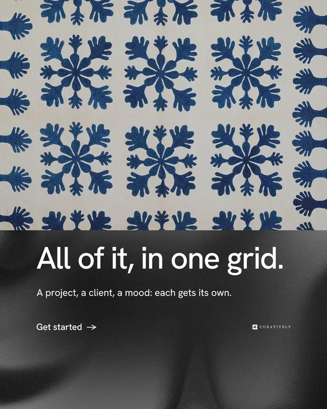 Instagram portrait post for Curatively: "All of it, in one grid." Minimal luxury style, bottom layout, dark palette in grey, black, blue.