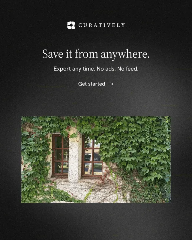 Instagram portrait post for Curatively: "Save it from anywhere." Minimal luxury style, centred layout, dark palette in black, grey.