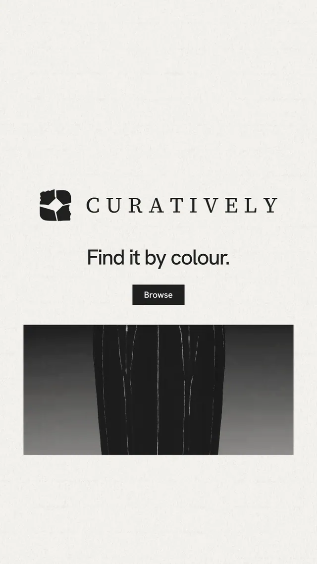 Instagram story for Curatively: "Find it by colour." Swiss style, logo hero layout, light palette in white, grey.