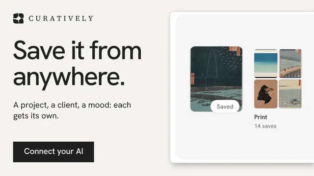 Landscape graphic for Curatively: "Save it from anywhere." Swiss style, bottom layout, light palette in white, grey.