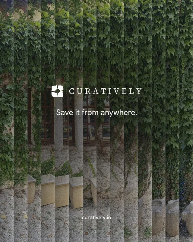 Instagram portrait post for Curatively: "Save it from anywhere." Minimal luxury style, end card layout, dark palette in grey, black, green.