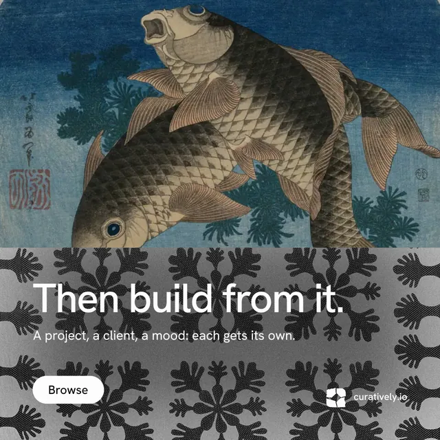Instagram post for Curatively: "Then build from it." Photo poster style, bottom layout, dark palette in grey, blue.