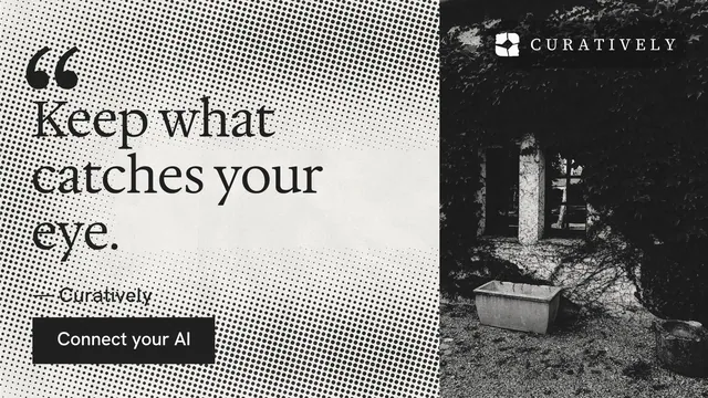 Landscape graphic for Curatively: "Keep what catches your eye." Retro print style, quote layout, light palette in grey, black, white.