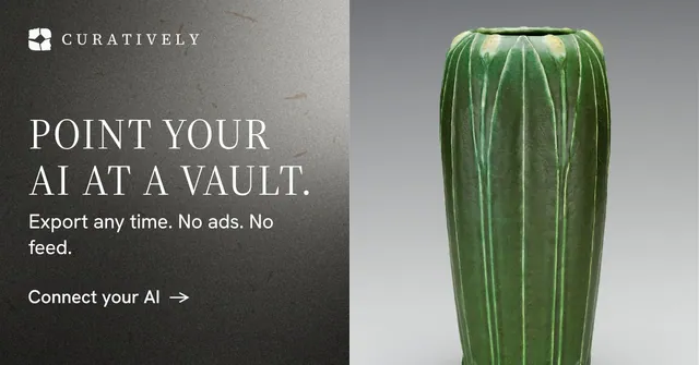 Social ad for Curatively: "Point your AI at a vault." Minimal luxury style, bottom layout, light palette in grey, black.