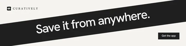 LinkedIn banner for Curatively: "Save it from anywhere." Swiss style, diagonal layout, light palette in white, black, grey.