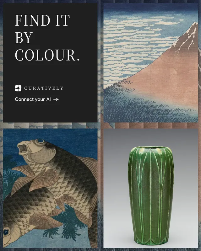 Instagram portrait post for Curatively: "Find it by colour." Minimal luxury style, collage layout, dark palette in black, grey.