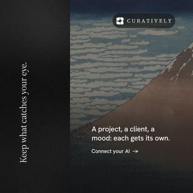 Instagram post for Curatively: "Keep what catches your eye." Minimal luxury style, vertical layout, dark palette in grey, black.