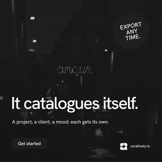 Instagram post for Curatively: "It catalogues itself." Swiss style, sticker layout, dark palette in black, grey.