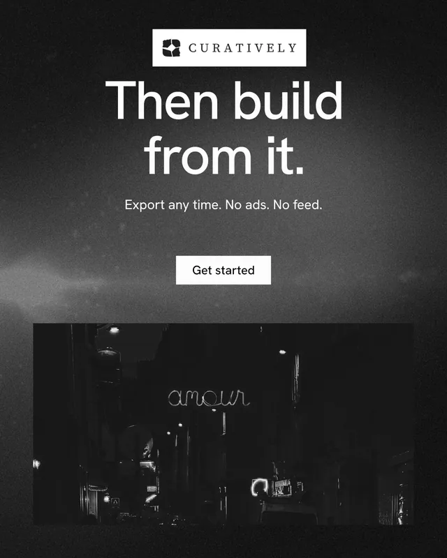 Instagram portrait post for Curatively: "Then build from it." Swiss style, centred layout, dark palette in black, grey.