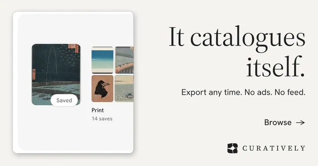 Social ad for Curatively: "It catalogues itself." Minimal luxury style, right layout, light palette in white, grey.
