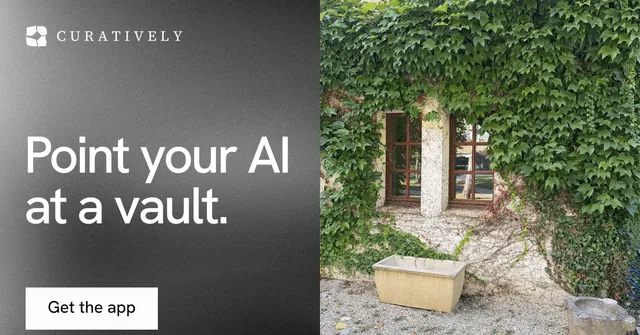 Social ad for Curatively: "Point your AI at a vault." Swiss style, bottom layout, light palette in grey, black, green.