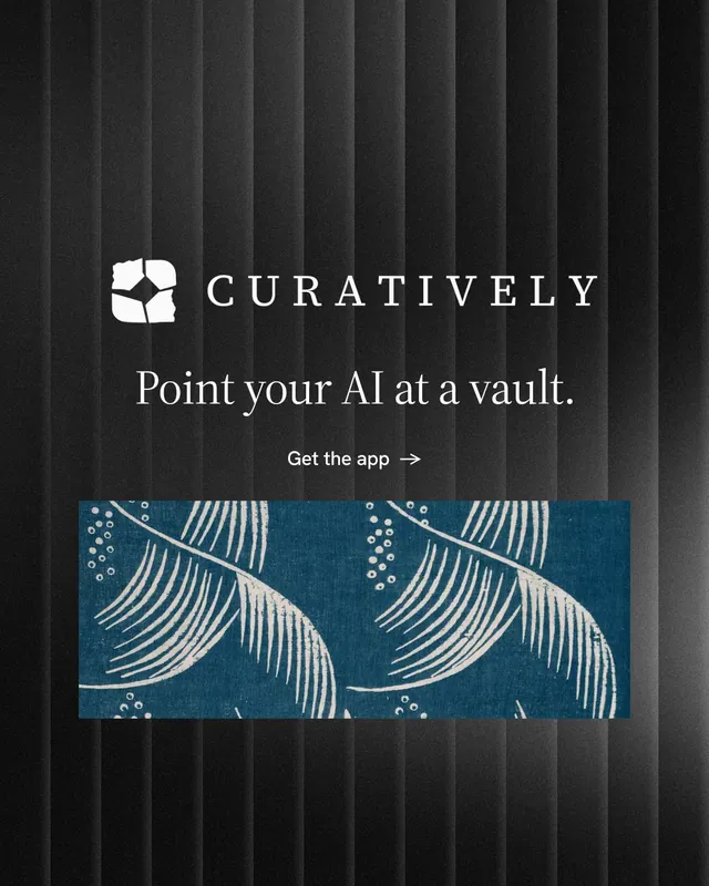 Instagram portrait post for Curatively: "Point your AI at a vault." Minimal luxury style, logo hero layout, dark palette in black, grey.