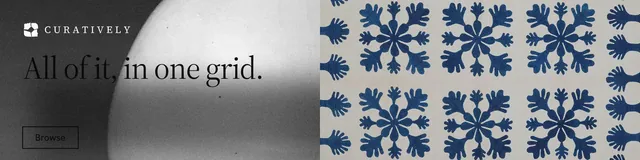 LinkedIn banner for Curatively: "All of it, in one grid." Editorial style, bottom layout, light palette in grey, black, white.